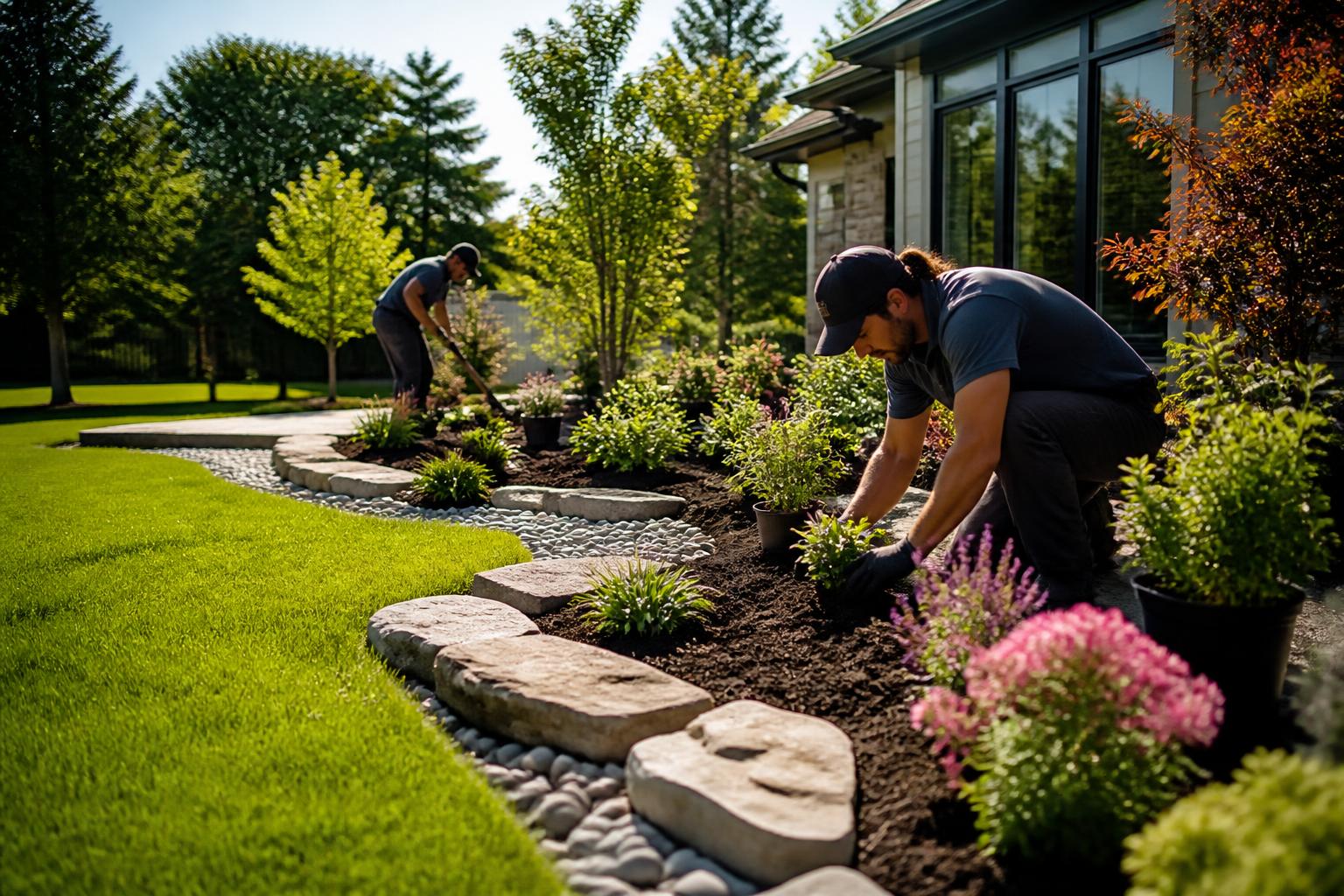 Professional landscaping crew installing a garden bed and stone pathway at a sunny residential property