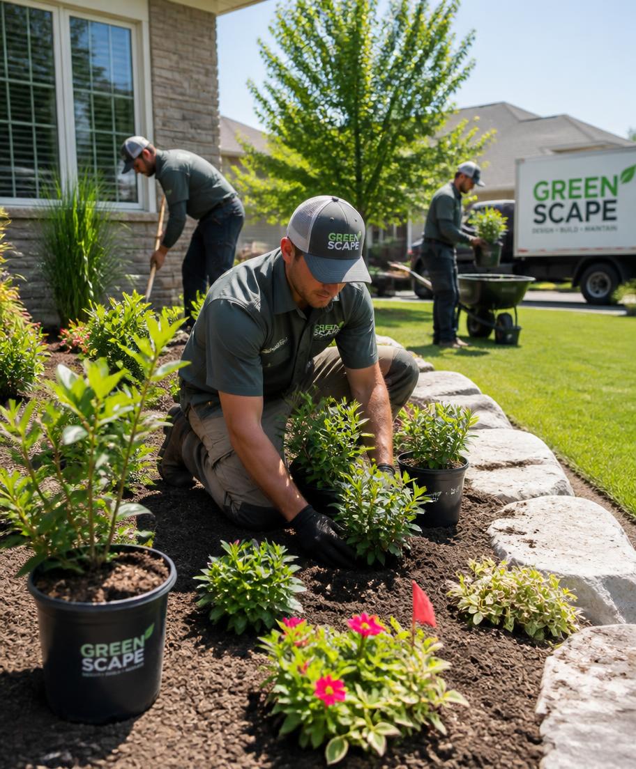 Landscaping crew installing shrubs in a sunny front garden bed