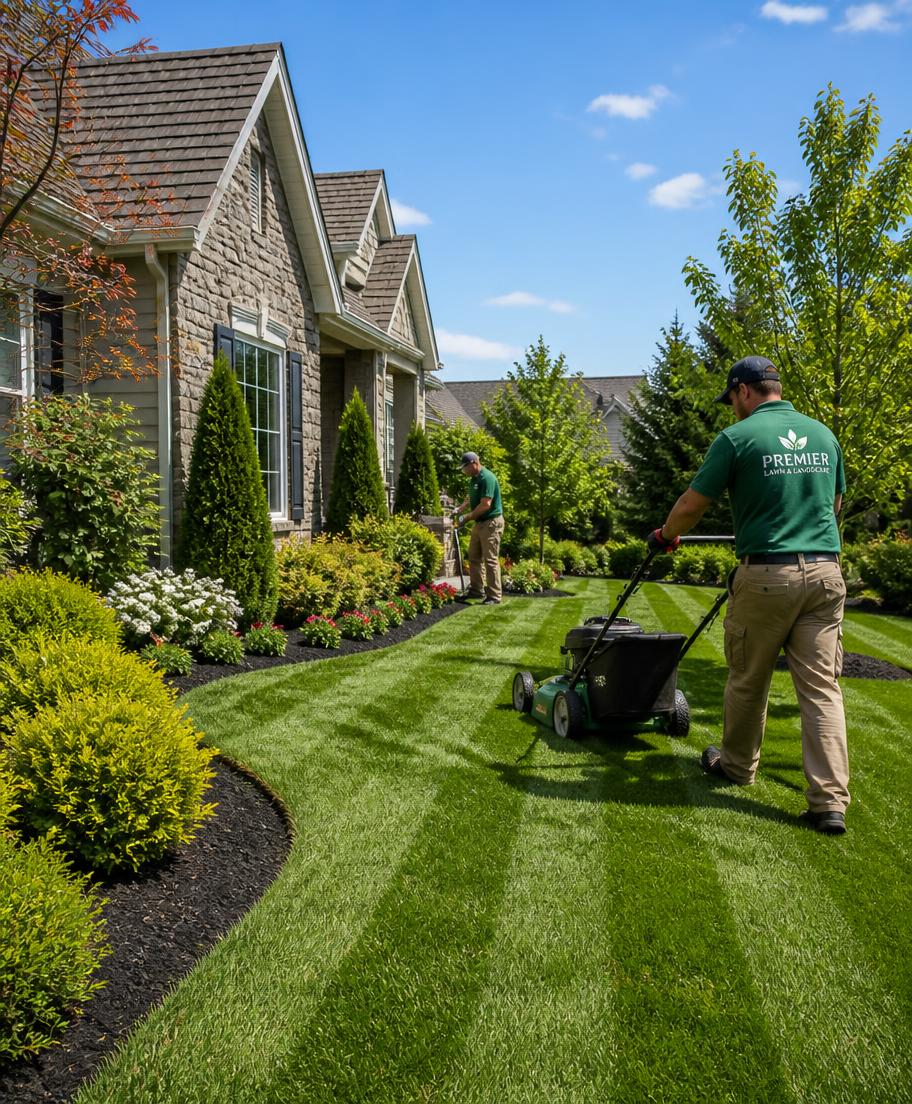 Landscaper mowing a freshly striped lawn on a bright summer day