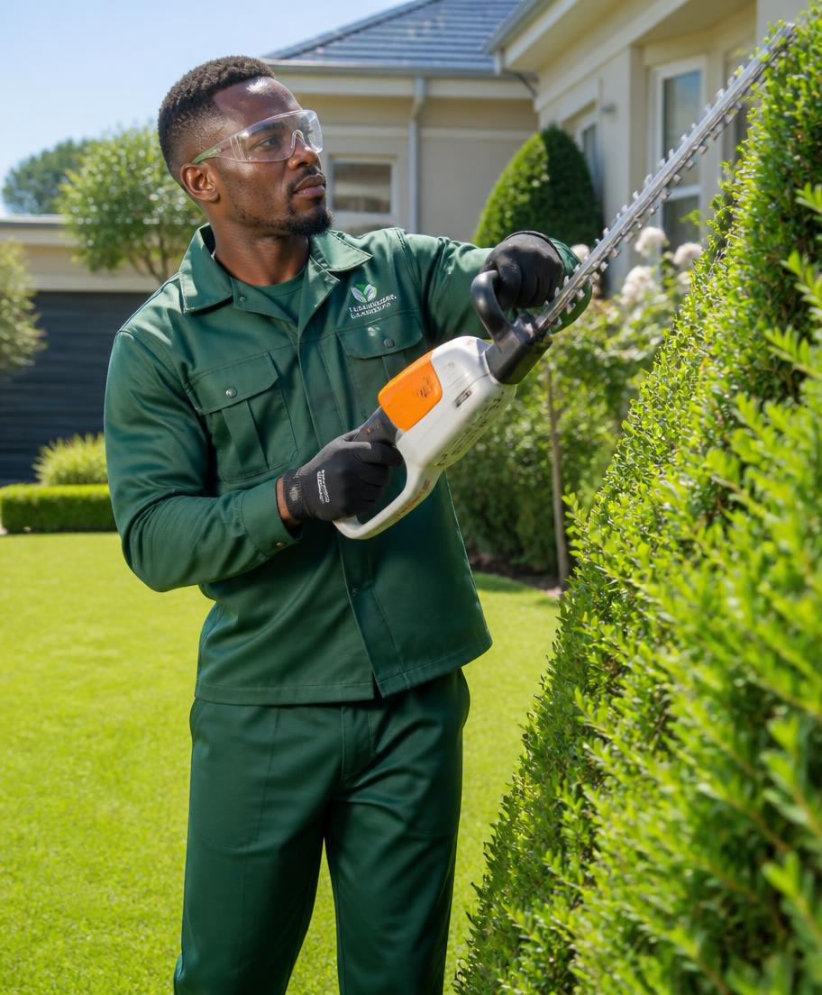 Landscaper trimming a tall hedge with power trimmers in a sunny front garden